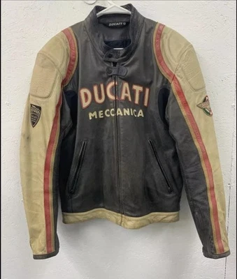 Jaqueta de Couro Bege Vintage Ducati Meccanica – Aparência Clássica de Motocicleta, Timeles - Imagem 1 de 4