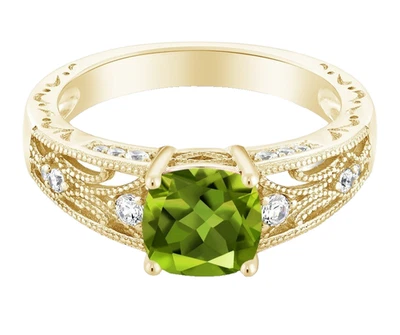 925 Silver Yellow Gold Plated 1.00 Ctw Cushion Peridot Women's Engagement Ring - Image 1 of 4
