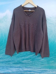 STUSSY Brown FISHERMAN SWEATER Crew Neck Long Sleeve Knit Coffee Brown XXL #0450 - Picture 1 of 3