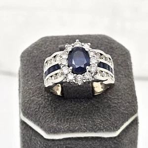 FABULOUS ESTATE 14K WHITE GOLD 1CT. BLUE SAPPHIRE & 1CT TDW. DIAMONDS RING,7.25 - Picture 1 of 9