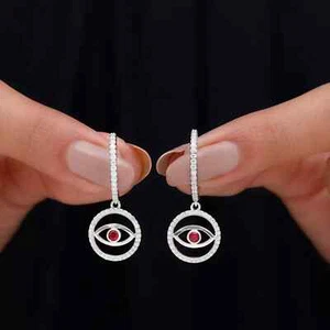 925 Silver Round Cut Lab Created Red Ruby Drop Earrings In 14k White Gold Plated - Picture 1 of 5