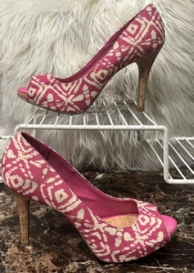 Peep Toe Pump Heels CHRISTIAN SIRIANO Womens Pink & White Canvas & Cork Sz 9 - Picture 1 of 9