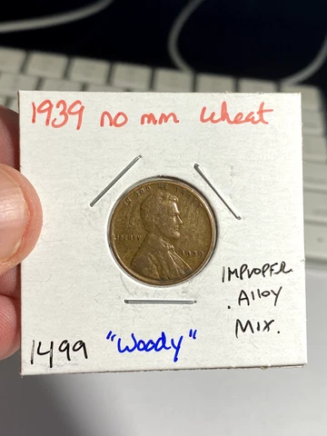 1939 P United States 1 Cent Error Coin - Improper Alloy Mixture / "Woody" Cover