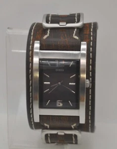 Guess U0083G1 Stainless Steel Brown Cuff Leather Mens Tank Watch - Picture 1 of 7