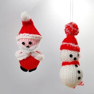 Lot 2 Vintage Knitted Styrofoam Ornaments Santa Snowman Pushpin Pom Sequin 5" - Picture 1 of 6