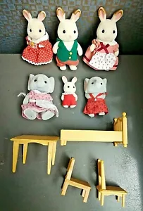 6 Calico Critters Bunny Rabbit Family & Elephant Couple w/ Table & Bed Furniture - Picture 1 of 6