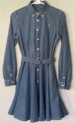 POLO RALPH LAUREN  Blue Denim Button Down A Line Belted Dress Girls Sz 16 - Image 1 of 4