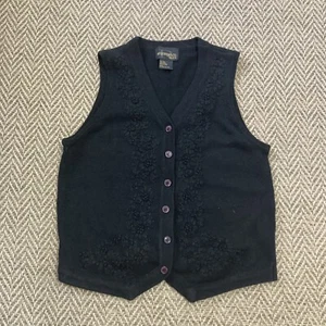 Vtg Petite Ramie Cotton Black Vest Floral Embroidered Womens Size PL Cottagecore - Picture 1 of 8