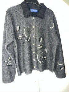 Karen Scott Pure Wool Cardigan Women Size  Large Gray  Embroidered - Picture 1 of 12