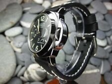 24mm NEW COW LEATHER STRAP Black Watch BAND Tang for PANERAI PAM White Stitch