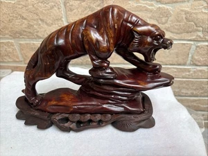Vintage Beautiful 8.5” Natural Stone Tiger Sculpture On Decorative Wooden Base - Picture 1 of 10