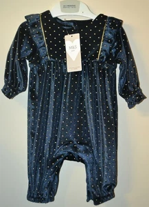 BABY GIRLS M&S VELOUR BODYSUIT NAVY & GOLD - 0 - 3 MONTHS - BNWT - Picture 1 of 4