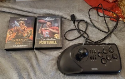 Sega Genesis lot,Golden Axe, 6 Button Arcade stick, Joe Montana Football.  - Image 1 of 4