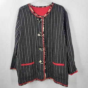 Koos Of Course Black/Red Striped Floral Reversible Smocked Linen Blend Jacket 1X - Picture 1 of 10