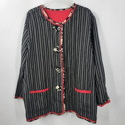 Koos Of Course Black/Red Striped Floral Reversible Smocked Linen Blend Jacket 1X - Image 1 of 4