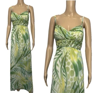 Adrianna Papell 100% Silk Gown Dress Sz 6 Green Beaded Empire Waist Fairy Y2k - Picture 1 of 18