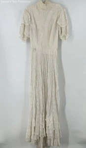Vintage White Floral Lace Short Sleeve Mock Neck Casual Maxi Womens Dress - Picture 1 of 7