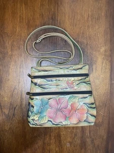 Anuschka Butterfly Hibiscus Crossbody Bag Handpainted Leather Adjustable Strap - Picture 1 of 21