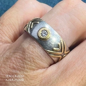 14k Gold Bezel Set Fancy Diamonds in Wide Silver Ring. 6.5g Eternity Band - Picture 1 of 12