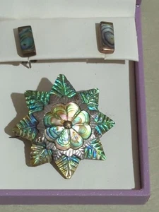 Victorian Brooch/Mexico/ Silver & Abalone Shell/ Comp Earrings - Picture 1 of 7