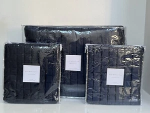 RH Restoration Hardware Blue Silk Box Stitch Quilt Blanket + 2 King sham Pillow - Picture 1 of 12