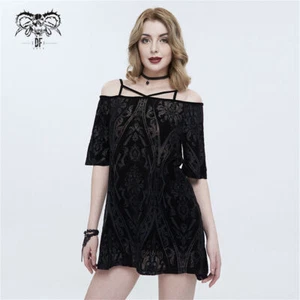 Vestido Corto Suelto Fuera del Hombro Patrón Vintage Negro Moda Diablo - Imagen 1 de 17