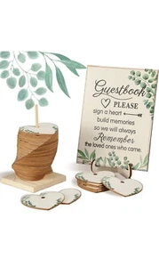 Eucalyptus Guest Book Alternative Wood Hearts Wedding Guest Book 50 hearts. - Picture 1 of 5