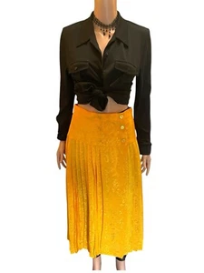 Pleated Skirt Vintage Maxi Fit And Flare Plisse Skirt Golden Yellow Satin Size S - Picture 1 of 8