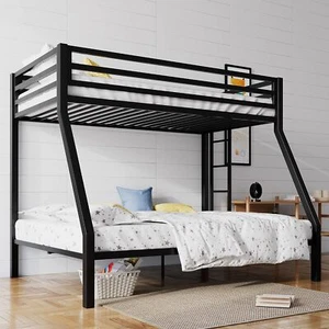 Metal Bunk Bed Twin Over Full Size with Stairs for Teen & Adults, Teens, Black - Picture 1 of 10