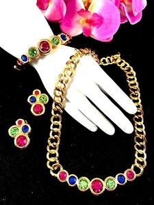 SWAROVSKI SWAN 18K GP FUCHSIA SAPPHIRE RHINESTONE NECKLACE BRACELET EARRINGS SET - Picture 1 of 12