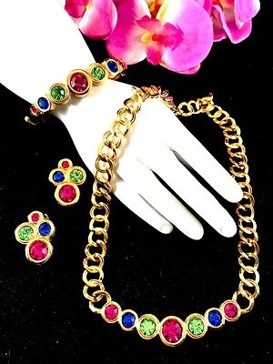 SWAROVSKI SWAN 18K GP FUCHSIA SAPPHIRE RHINESTONE NECKLACE BRACELET EARRINGS SET - Image 1 of 4