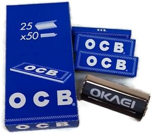 OCB Blau Kurz - Rolling Papers -25 Heftchen a 50 Blatt + Okaei Drehmaschine 