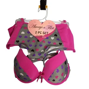 Always A Flirt 34C 6 M Bra Panties 2 Pc Set Deep Plunge Boyleg Pink Heart NEW - Picture 1 of 8