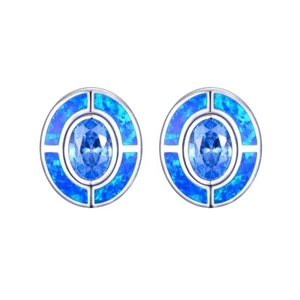 Ladies Art Deco Sterling 925 Silver Opal & Aquamarine Target Design Earrings - Picture 1 of 7