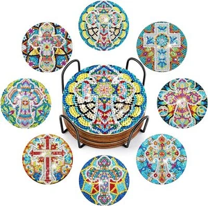8 Pcs Diamond Art Coasters Cross Diamond Painting Coasters With Holder Non - Picture 1 of 6