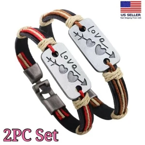 Unisex Men Women Leather Bracelet 2PC Stainless Steel Cupid Love Heart 0862 - Picture 1 of 5
