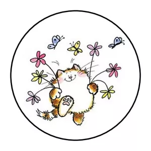30 1.5" CAT FLOWERS FAVOR LABELS ROUND STICKERS ENVELOPE SEALS - Picture 1 of 1