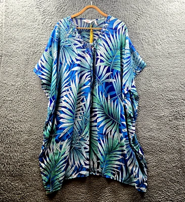 New Millers Womens Kaftan Dress Size 22 Blue Green Leaf Print Sheer Beaded - image 1 of 4