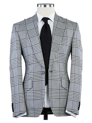 Trajes de hombre a cuadros calce ajustado solapa pico esmoquin formal novio pecho único Foto 1 de 4