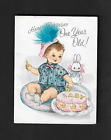 vintage 1950s Gibson embossed Greeting BIRTHDAY ONE YEAR OLD! Card feather Girl