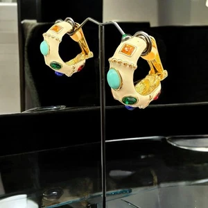 Kenneth Jay Lane Enamel Jewel Tone Cabochon Half Hoop Mogul Clip On Earrings KJL - Picture 1 of 14