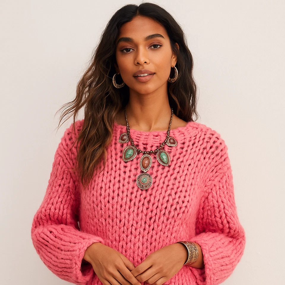 全新 $418 EILEEN FISHER S/M 粉色 秘鲁 婴儿 羊驼 粗针织毛衣 — 第 1/4 张图片