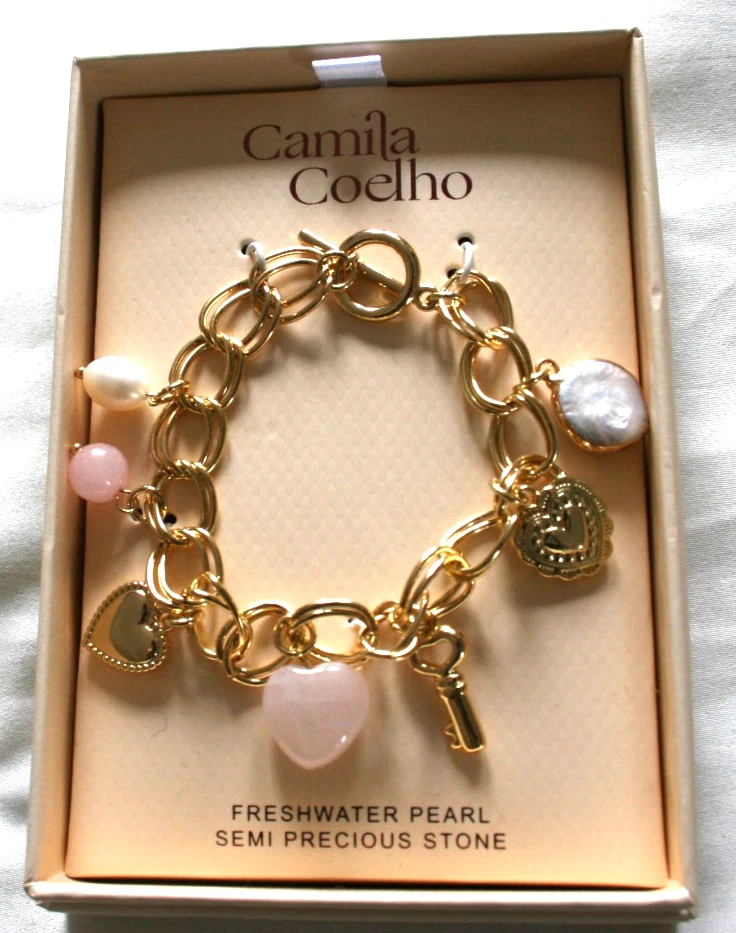 GOLD TONE METAL Heart Key CHARMS CUFF BRACELET Freshwater Pearl Natural Stones - Image 1 of 1