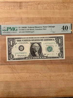 1963B $1 FRN Chicago PMG 40 EPQ Fr.1902-G Granahan/Barr GH Block Note - Image 1 of 2