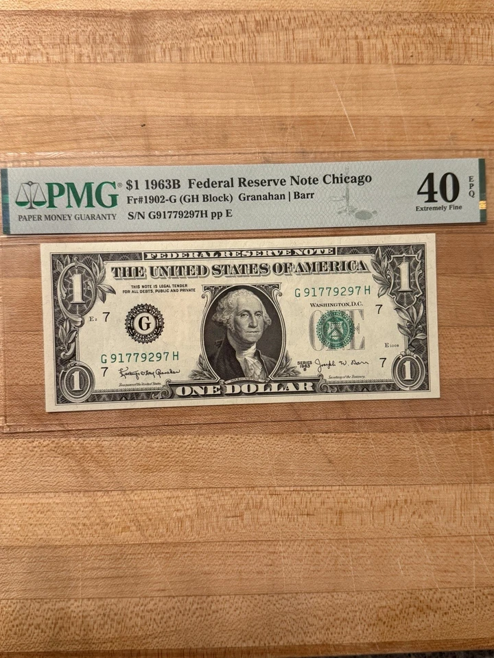 1963B $1 FRN Chicago PMG 40 EPQ Fr.1902-G Granahan/Barr GH Block Note - Image 1 of 2