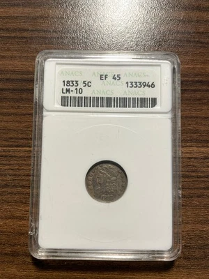 Media moneda de diez centavos de plata busto tapado 1833-P H10C ANACS EXTRA FINO 45 EF 45 XF 45 LM-10 Foto 1 de 4