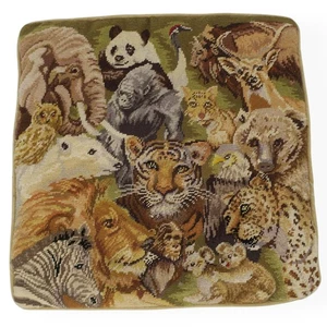 Vintage Needlepoint Square Throw Pillow Cover Jungle Safari Animals Velvet 13x13 - Picture 1 of 3