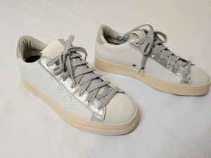 P448 Womens John Sneakers Suede White Cream Size 38 Silver Glitter - Picture 1 of 7