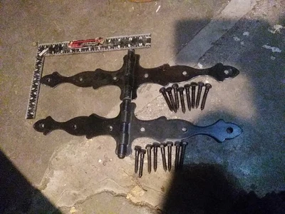 2 grandes bisagras de correa de hierro fundido negro puerta de granero 9"x 5” accesorios decorativos de colección  Foto 1 de 4