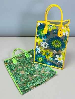 Vtg 1960-70 Vinyl Flower Power Clear Tote Bag Blue Yellow White Lot 2 - Image 1 of 4